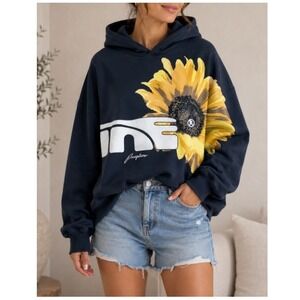 Divine Perceptions Women's Black Oversized Sunflower Pullover Hoodie Size S NWT